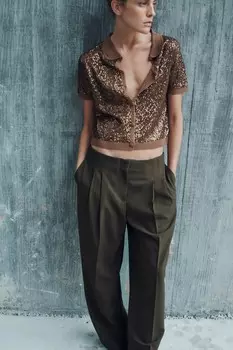 Широкие брюки с вытяжками ZARA, темный хаки