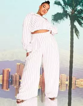 Широкие брюки с завязками на талии в розовую полоску ASOS DESIGN x MILLIE Curve