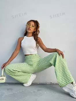 Широкие брюки с завышенной талией, принт в клетку Shein, лайм
