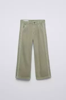 Широкие брюки с жемчужной вышивкой ZARA, зеленый