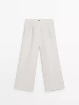 Широкие брюки со складками и пряжкой на талии Massimo Dutti, бежевый