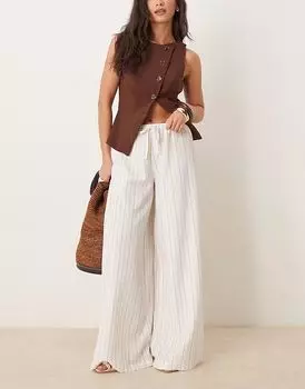 Широкие брюки Stradivarius из льна в полоску цвета экрю