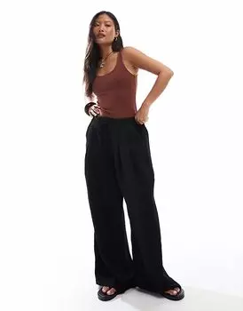 Широкие брюки Stradivarius Petite черного цвета с жатой текстурой и завязкой на талии