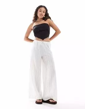 Широкие брюки Stradivarius Petite из льна в белую полоску