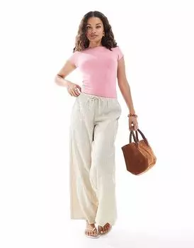 Широкие брюки Stradivarius Petite из льна в полоску цвета экрю