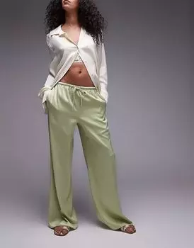 Широкие брюки Topshop из атласа с завязкой на талии зеленого цвета