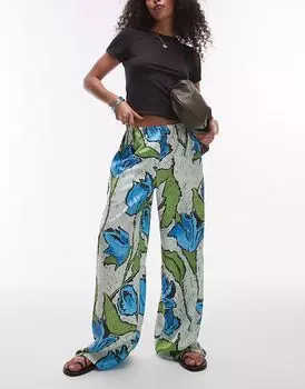 Широкие брюки Topshop из атласа с зеленым и синим цветочным узором, застегивающиеся на пуговицы