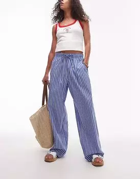 Широкие брюки Topshop из поплина в полоску темно-синего цвета, без застежек