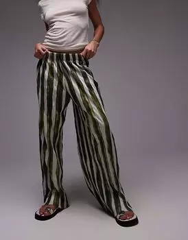 Широкие брюки Topshop в полоску с мятой отделкой зеленого цвета