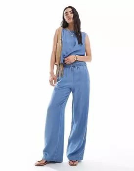 Широкие брюки Vero Moda из шамбре среднего синего цвета