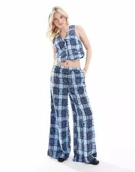 Широкие брюки Vero Moda в текстурированную клетку из микса синего денима