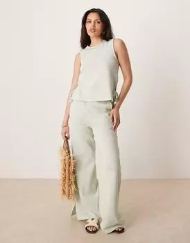 Широкие брюки Vila в фактурную полоску зеленого и кремового цветов