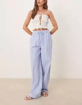 Широкие брюки Vila в полоску с высокой талией и отворотами синего цвета