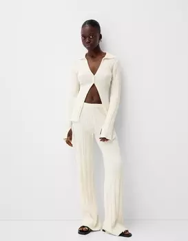 Широкие брюки в деревенском стиле Bershka, бежевый