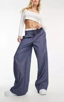 Широкие брюки в полоску Bershka Boxer Waistband Tailored, синий/белый