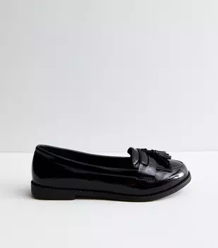 Широкие черные лакированные лоферы с кисточками New Look, черный