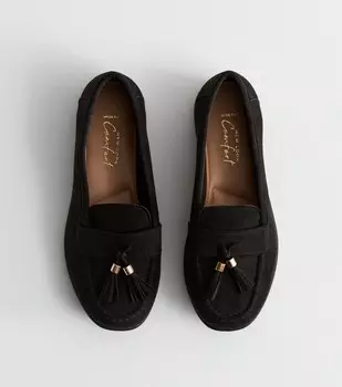 Широкие черные замшевые лоферы с кисточками New Look, черный
