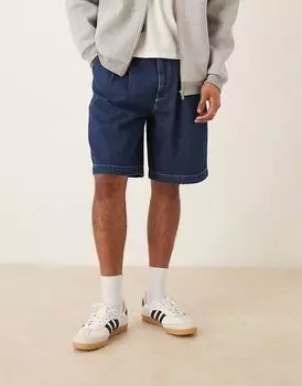 Широкие джинсовые шорты средней длины со складками ASOS DESIGN темно-синего цвета