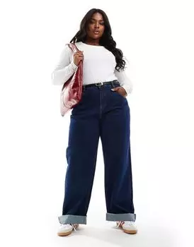 Широкие джинсы ASOS DESIGN Curve с отложным краем и чернильной потертостью