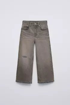 Широкие джинсы с эффектом потертости ZARA, коричневый