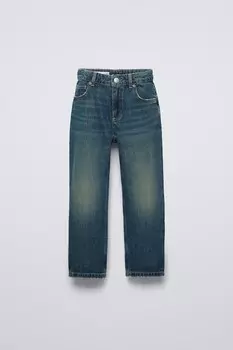 Широкие джинсы с эффектом потертости ZARA, синий