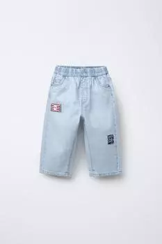 Широкие джинсы с нашивками ZARA, светло-синий