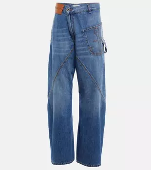 Широкие джинсы с вышивкой и перекрученными штанинами Jw Anderson, цвет light blue denim
