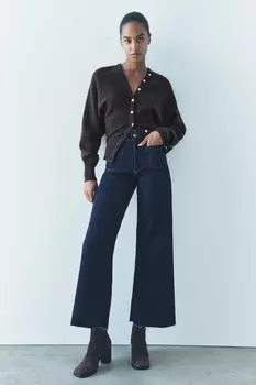 Широкие джинсы с высокой талией и карманами ZARA, синий