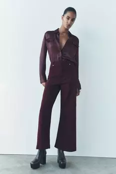 Широкие джинсы с высокой талией ZARA, бордовый