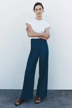 Широкие джинсы с высокой талией ZARA, синий
