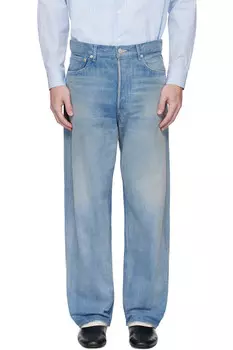 Широкие джинсы светлого тона с эффектом потертости и кромкой Selvedge Auralee, индиго