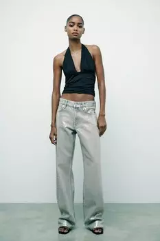 Широкие джинсы TRF foil со средней посадкой и талией ZARA, серебряный