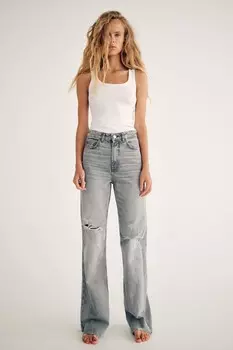 Широкие джинсы trf с высокой посадкой и рваными краями ZARA, светло-серый