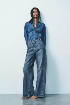 Широкие джинсы trf с высокой талией и перекрещивающимся поясом ZARA, индиго