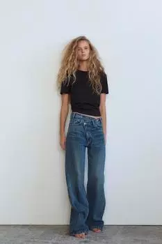 Широкие джинсы trf с высокой талией ZARA, темно-синий