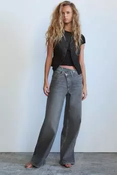 Широкие джинсы trf с высокой талией ZARA, серый