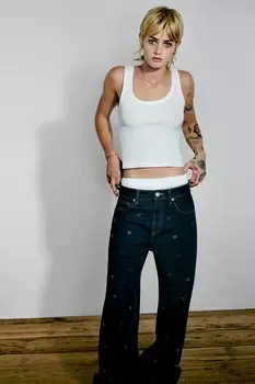 Широкие джинсы trf со стразами и сердечками, средней высоты талии ZARA, темно-синий