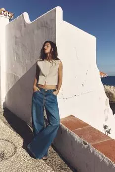 Широкие джинсы z1975 с золотым поясом-цепочкой ZARA, средне-синий