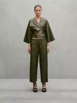 Широкие кожаные брюки-джоггеры с разрезами - студия Massimo Dutti, хаки