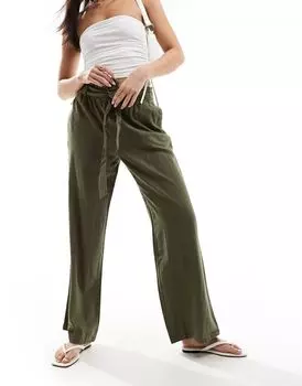 Широкие льняные брюки цвета хаки с поясом JDY