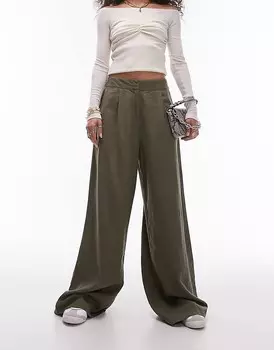 Широкие льняные брюки цвета хаки с завышенной талией Topshop
