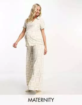 Широкие пижамы с рождественскими колокольчиками для беременных в каменном и белом цвете Chelsea Peers