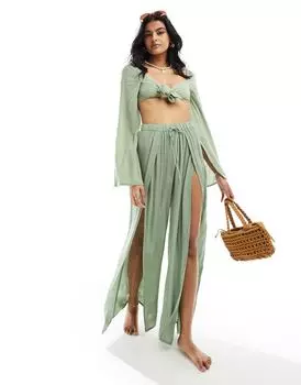 Широкие пляжные брюки цвета хаки с высоким разрезом ASOS DESIGN