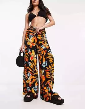 Широкие пляжные брюки River Island черного цвета с тропическим принтом