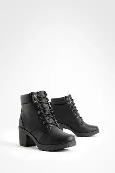 Широкие походные ботинки на шнуровке на каблуке boohoo, черный