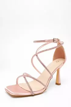 Широкие розовые атласные босоножки со стразами и перекрестными ремешками на высоком каблуке QUIZ Clothing