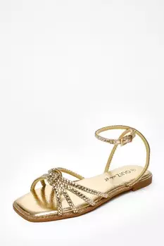 Широкие сандалии на плоской подошве с золотистой фольгой и стразами QUIZ Clothing