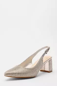 Широкие серебристые туфли со стразами на каблуке с открытой пяткой QUIZ Clothing