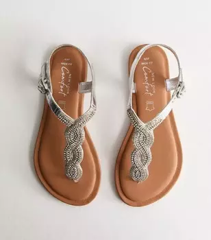 Широкие серебряные кожаные сандалии с украшением на носке New Look, серебряный