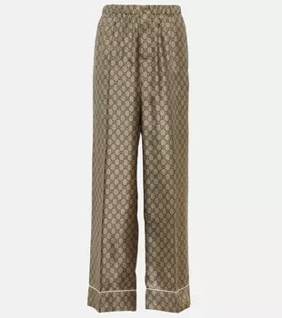 Широкие шелковые брюки GG Supreme GUCCI, коричневый